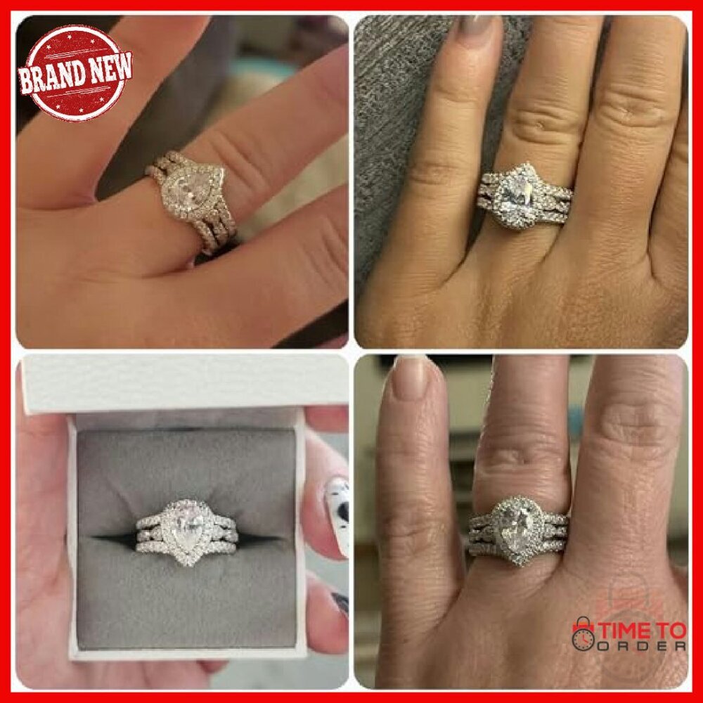 Pear Shape Cubic Zirconia Wedding Ring Set Sterling Silver Tungsten - Picture 4 of 8